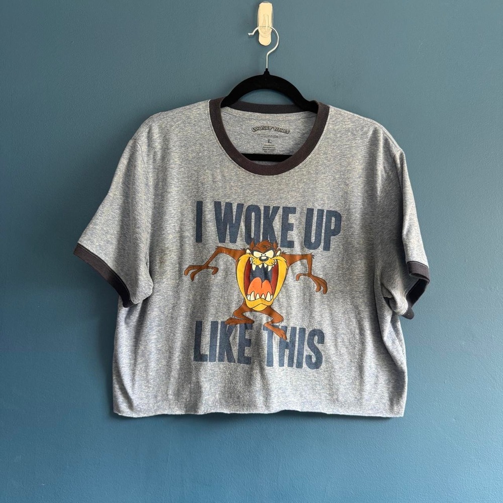 Looney Tunes Tasmanian Devil T Shirt Women's Size Large Crop Blue Ringer Funny